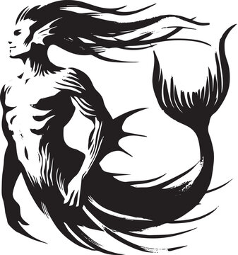Monochrome Depiction of Male Triton: Stylized Aquatic Humanoid Figure
