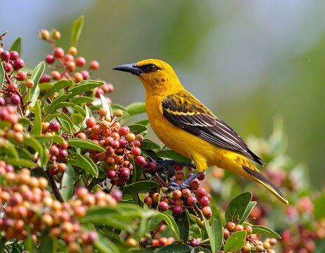 Bright yellow bird feasting on berries