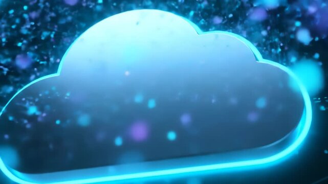 A bright, glowing digital cloud icon with a neon blue outline against a dark, abstract background of interconnected lines and shimmering particles, representing cloud computing and technology.