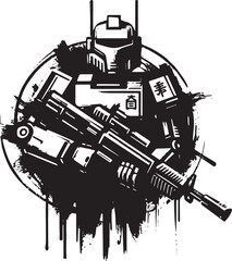 Obraz premium Futuristic mechanical warrior, abstract battle robot, black and white ink illustration