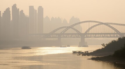 Naklejka premium Misty river reflection urban landscape photography dawn serene viewpoint urban tranquility