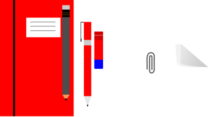 A red notebook, pencil, pen, paper clip, and a triangular piece of paper.