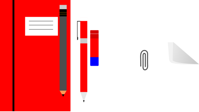 A red notebook, pencil, pen, paper clip, and a triangular piece of paper.