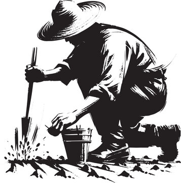 Monochrome artistry depicting a farmer planting with sumi-e brush techniques