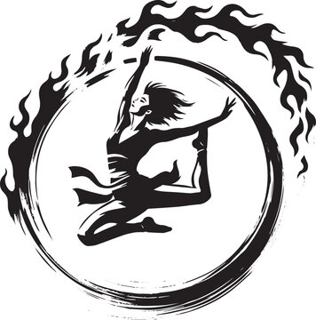 Artistic depiction of a female silhouette performing a daring acrobatic stunt