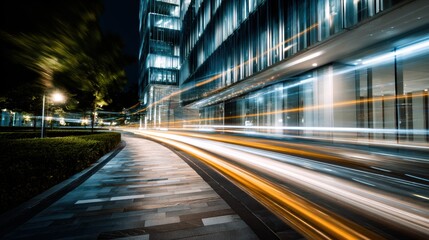 Naklejka premium Light trails on the modern building background. Light trails at night in urban environment, Abstract Motion Blur City, traffic, transportation, street, road, speed