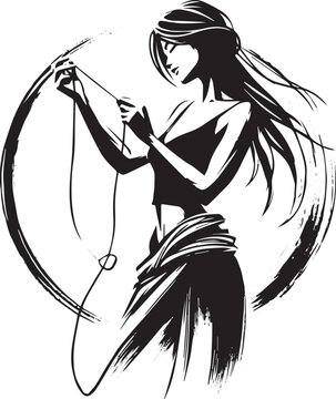 Abstract sumi-e illustration: Woman manipulates a string in serene scene
