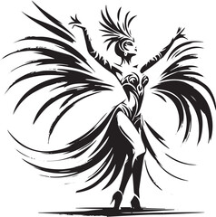 Obraz premium Elegant carnival dancer in sumi-e style, minimalist black and white illustration