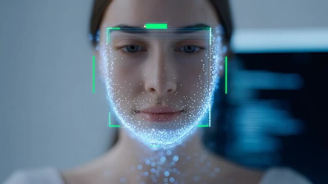 Woman undergoes facial scanning with biometric recognition technology. Modern facial identity recognition system for security and access control footage.