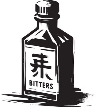 Monochromatic bitters bottle illustration with artistic ink wash effect