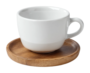 Ceramic coffee cup on wooden coaster minimalist style isolated on transparent background