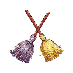 Cartoon illustration of two colorful crossed brooms for cleaning