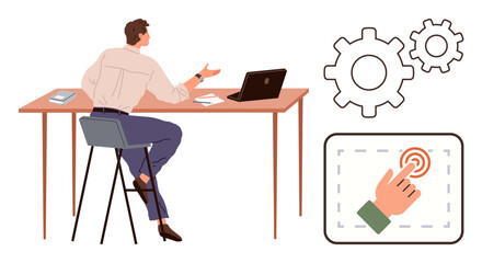 Man seated at desk using a laptop, conceptual gears symbolizing process and operation, and interface touch icon. Ideal for workflow, productivity, brainstorming, innovation, teamwork, technology