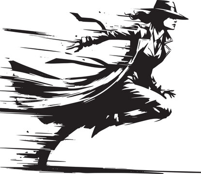 Dynamic sumi-e illustration of a woman with superhuman agility dodging