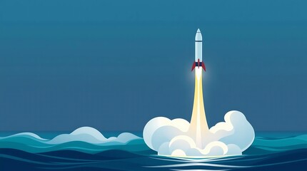 Rocket launching from ocean surface with smoke and fire trail