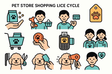 Pet Store Shopping Life Cycle Icons – Dogs, Cats, Grooming, Payment