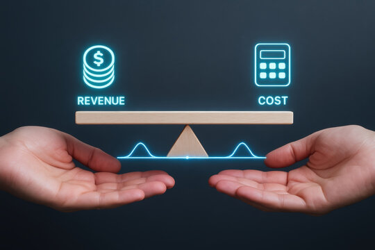 Finance balance concept with budget and forecast showing revenue and cost comparison on scale