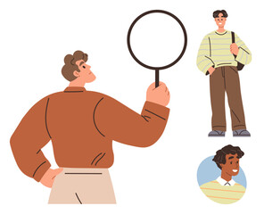 Individual with magnifying glass focusing on two diverse people. Ideal for recruitment, analysis, evaluation, hiring, diversity, investigation, simple flat metaphor