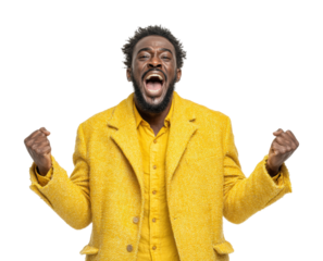 Celebrating joyful victory emotional moment portrait isolated on transparent background