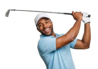Happy male golfer smiling while swinging golf club isolated on transparent background