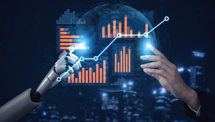 A captivating scene depicting a robotic arm interacting with a human hand, showcasing vibrant data...