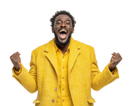 Celebrating joyful victory emotional moment portrait isolated on transparent background