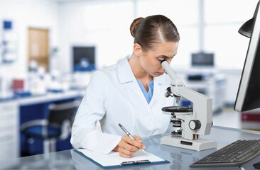 Happy scientists in lab work on research, use microscope
