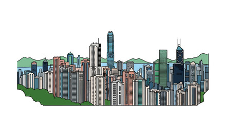 Hong Kong skyline illustration showcasing iconic skyscrapers against a mountain backdrop perfect for travel blogs urban planning reports  architectural showcases.