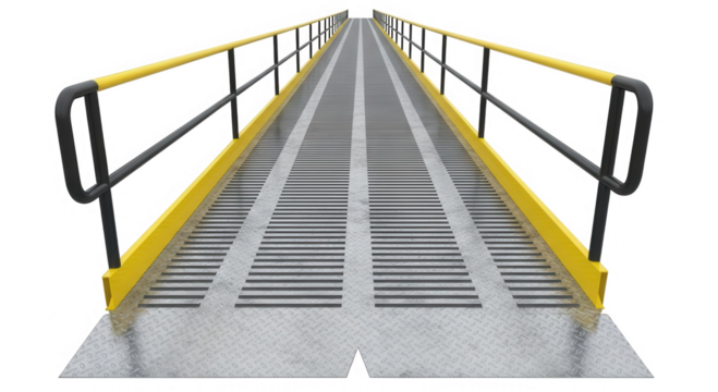 Perspective view of a metal ramp with handrails isolated on transparent background