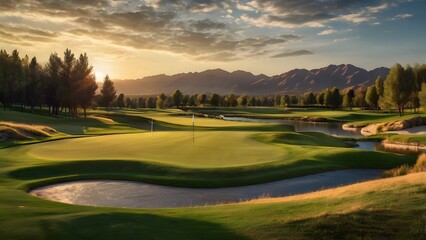 Naklejka premium Luxury golf course at sunset with mountain view and golden light reflection