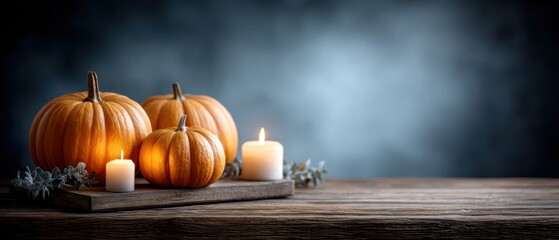 Autumn Pumpkins and Candles on Rustic Wood Table