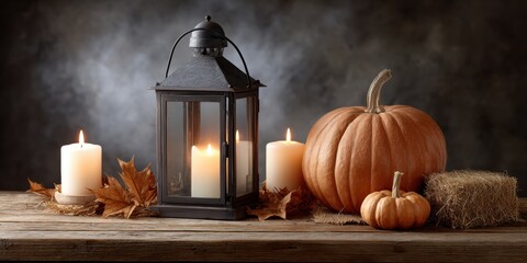Autumn Harvest Display with Glowing Candles and Pumpkins