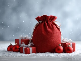 Christmas Bag and Gifts in Snow with Lights