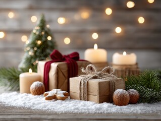 Christmas Gifts and Candles in Snowy Winter Setting