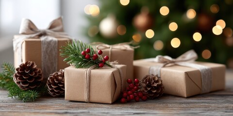 Christmas Gifts on Wooden Table with Bokeh Lights