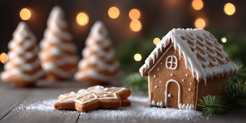 Christmas Gingerbread House and Cookies with Festive Lights