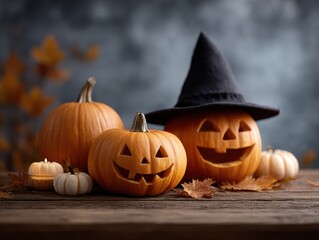 Halloween Pumpkins, Witch Hat, and Glowing Candle