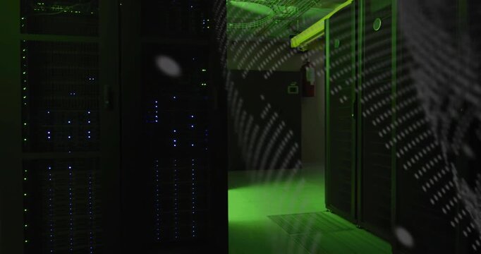 Binary digits appearing and flowing across racks, forming fingerprint for data flow before fading