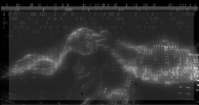 Binary digits initiating terrain forming and pulsing into wave for visualizing data landscape