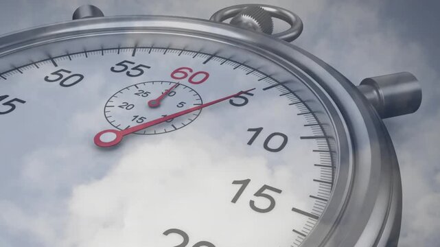 Once focusing analog stopwatch dial, red hand sweeping clockwise, subdial turning to highlight time