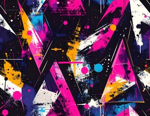 Bold abstract design with vibrant triangles and paint splatters