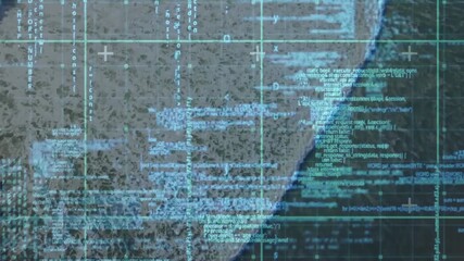 Geospatial scan initiating aqua grid on coast map, streaming code clusters shifting east for survey - Powered by Adobe