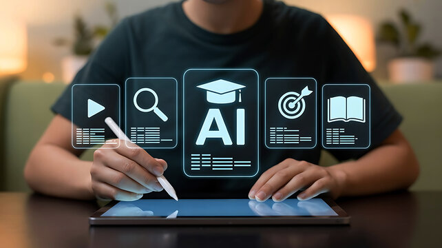 Artificial intelligence education concept with tablet and digital pen for future of learning and technology advancements with graphical user interface