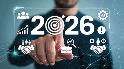Fototapeta premium Strategic planning for 2026 business goals and innovative solutions aiming at collaboration and artificial intelligence breakthroughs