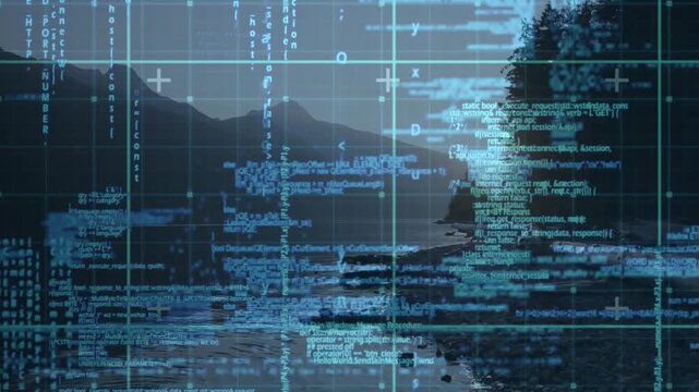 Dusk holding before grid emerging across river shoreline, streaming code simulating interface