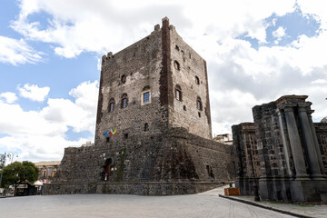 Architectural Sights of The Norman Castle (Castello Normanno) in Adrano, Sicily, Italy.