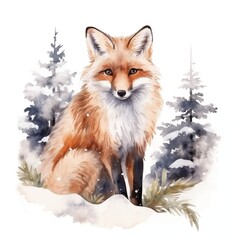 Obraz premium Red fox sitting in snowy winter landscape with pine trees