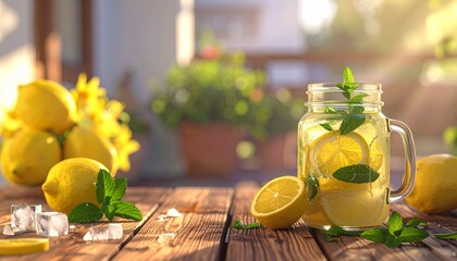 Homemade lemonade with lemon and mint in mason jar on wooden table. Refreshing summer drink. Drink making ingredients for lemonade.