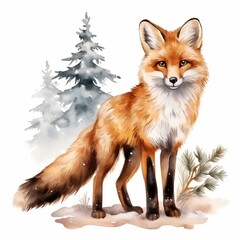 Obraz premium A red fox standing in a snowy winter scene with pine trees