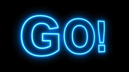 A vibrant, electric blue neon light forms the word 'GO!' with an exclamation point, casting a bright glow on a solid black background, representing initiation and forward momentum.